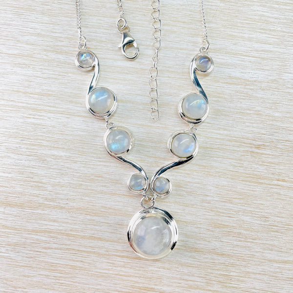 Sterling Silver and Rainbow Moonstone Wave Necklace.