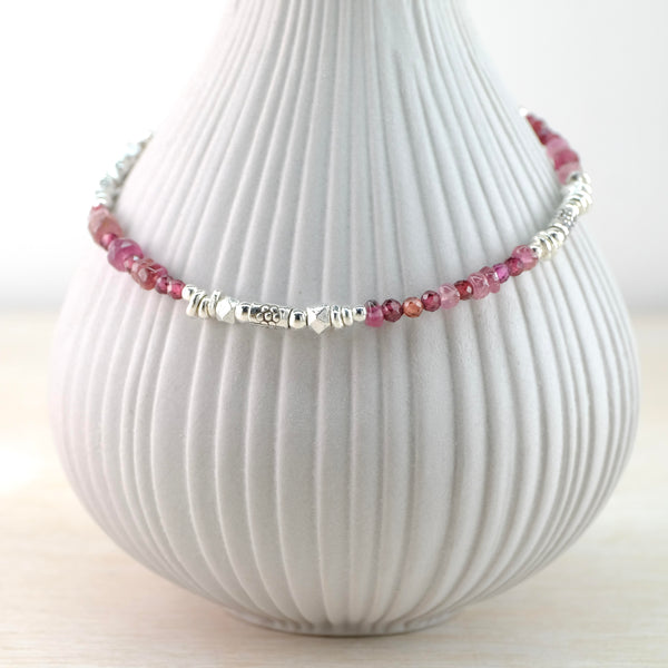 Pink Tourmaline, Garnet and Sterling Silver Bead Bracelet by Emily Merrix.