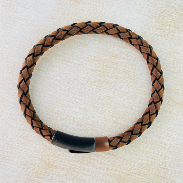 Gents Plaited Brown and Plated Gunmetal Bracelet.