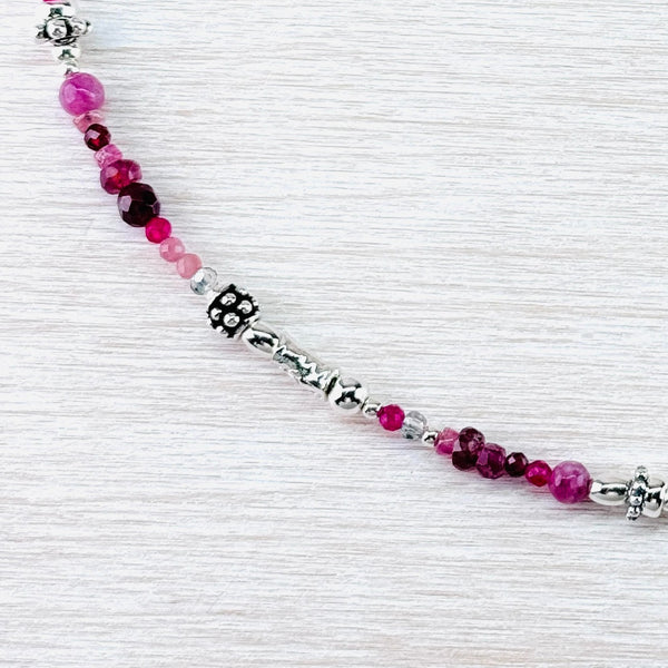 Asymetrical Ruby, Ruby Quartz, Pink Tourmaline, Garnet and  Sterling Silver Bead Necklace by Emily Merrix.