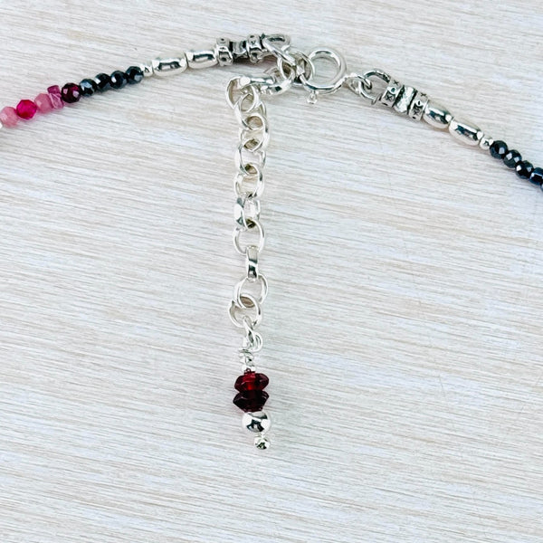 Asymetrical Garnet, Ruby, Ruby Quartz, Pink Tourmaline, Dyed Kyanite and Sterling Silver Bead Necklace by Emily Merrix.