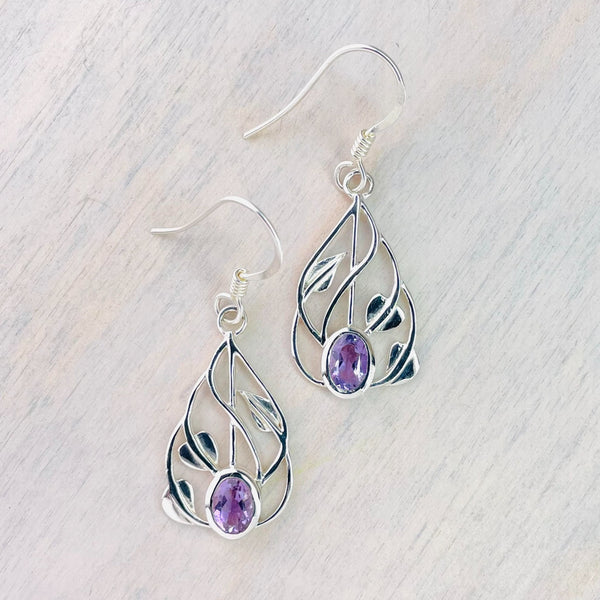 Sterling Silver and Amethyst Mackintosh Style Drop Earrings.
