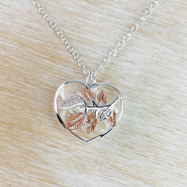 Sterling Silver, Rose Gold Plated and Zirconia Leaf Decorated Heart Pendant by 'Unique and Co'