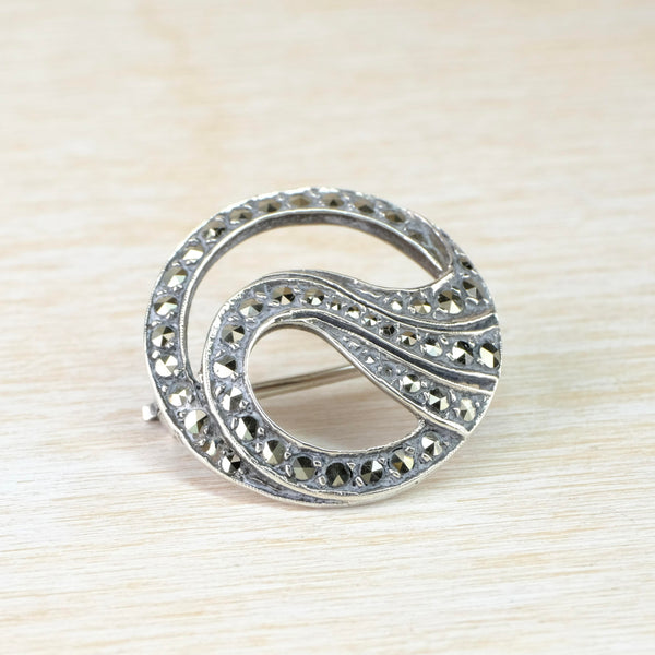 Round Vintage Sterling Silver and Marcasite Brooch.