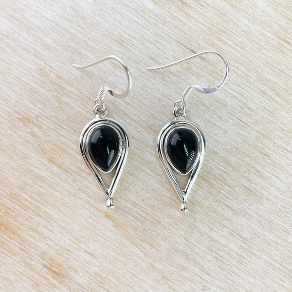 Pear Shaped Sterling Silver and Black Onyx Earrings.