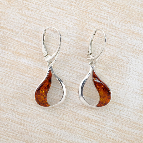 Tear Drop Sterling Silver Earrings Set With Cognac Amber