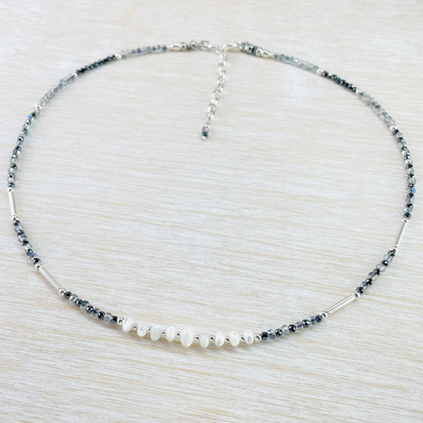 Mother of Pearl, Crystal, Spinel and Sterling Silver Bead Necklace by Emily Merrix.