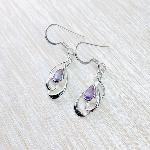 Sterling Silver Swirl and Amethyst Drop Earrings.