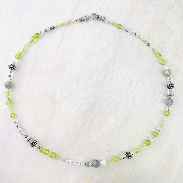 Peridot, Labradorite, Rainbow Moonstone and Silver Bead Necklace by Emily Merrix.