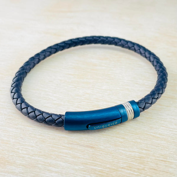 Gents Blue Leather and Stainless Steel Bracelet.