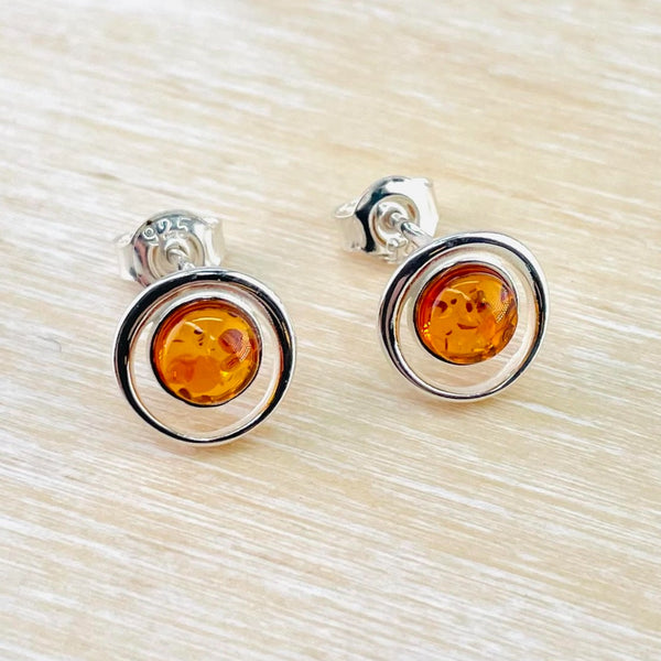 Open Circle Baltic Amber and Sterling Silver Stud Earrings.