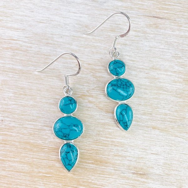 Silver and Blue Turquoise Triple Drop Earrings.