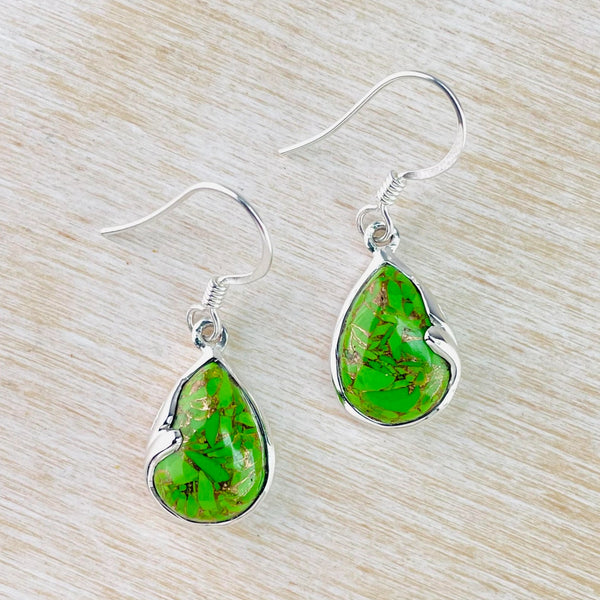 Tear Drop Sterling Silver and Green Mojave Turquoise Earrings.