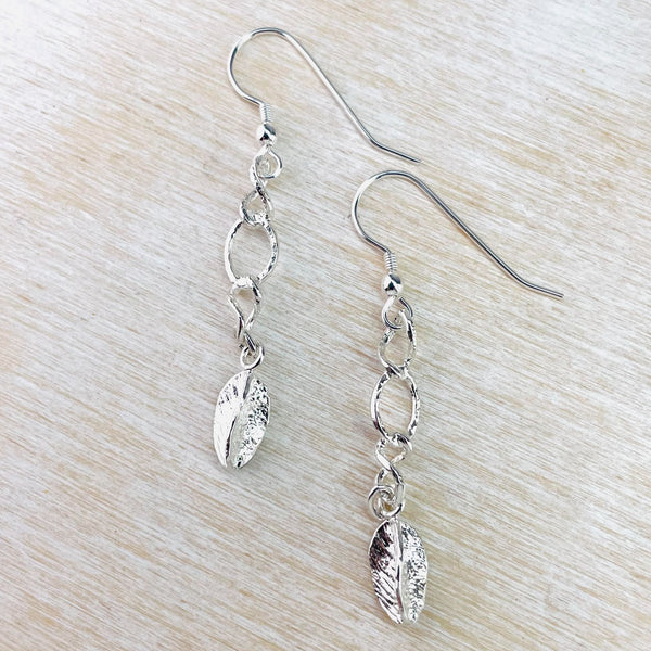 Sterling Silver Long Textured Link and Leaf Drop Earrings by JB Designs.