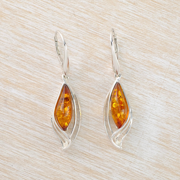 Marquise Cognac Amber and Multi Strand Sterling Silver Drop Earrings.
