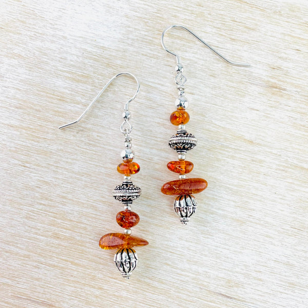 Asymmetric Amber Bead and Sterling Silver Drop Earrings.