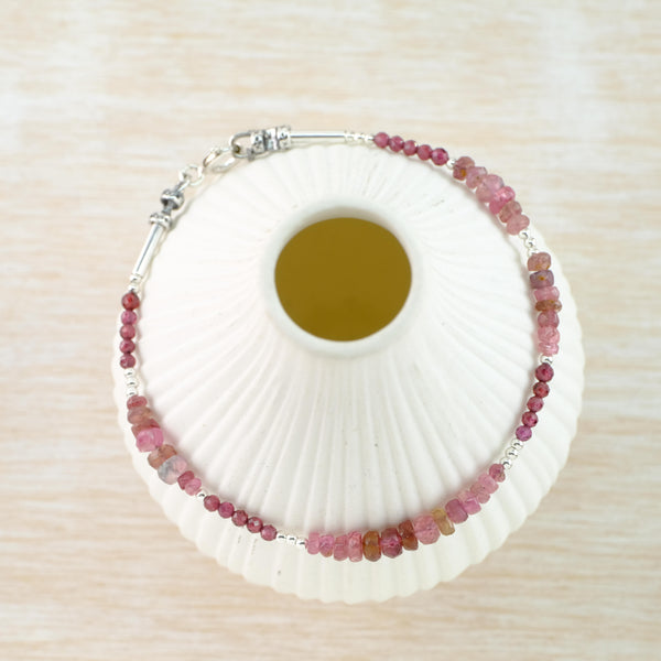 Pink Tourmaline, Garnet and Silver Bracelet by Emily Merrix.