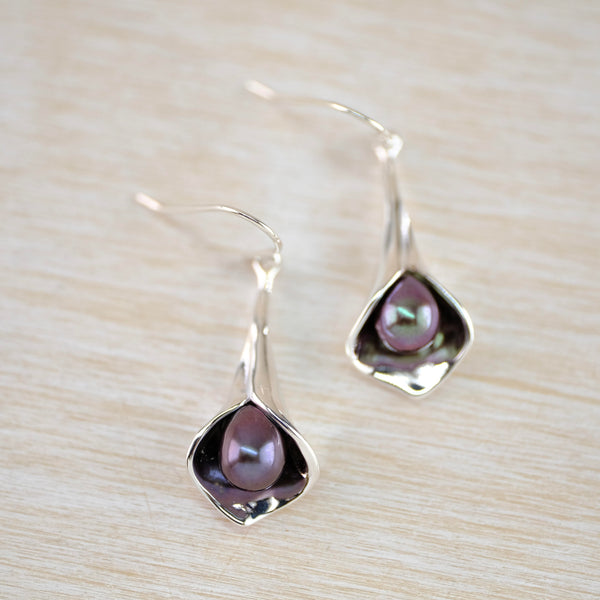 Sterling Silver Lily and Peacock Pearl Drop Earrings.