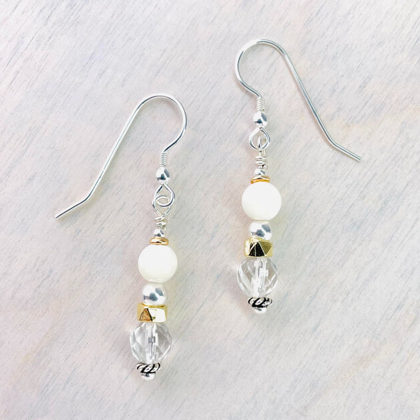 Silver, Mother of Pearl and Vintage Crystal Bead Drop Earrings.