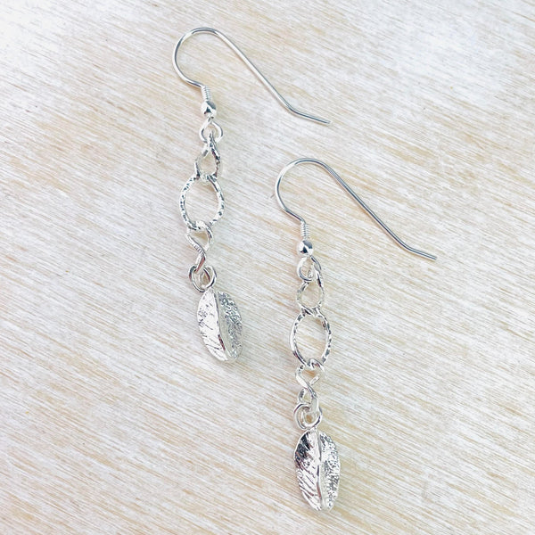 Sterling Silver Long Textured Link and Leaf Drop Earrings by JB Designs.