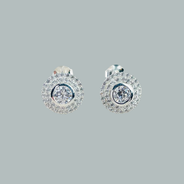 Round Sterling Silver and Pavé set CZ Stud Earrings