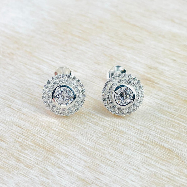 Round Sterling Silver and Pavé set CZ Stud Earrings