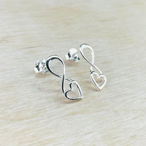 Infinity and Heart Sterling Silver Stud Earrings.