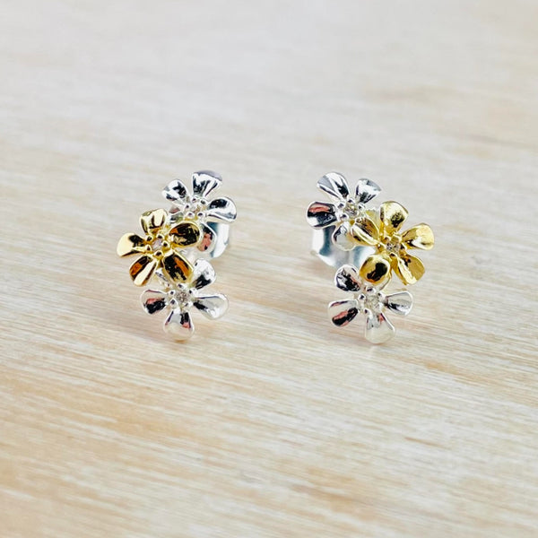 Sterling Silver and CZ Flower Stud Earrings with Gold Plated Detail.
