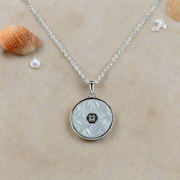 Silver, Cz and Carved Mother of Pearl Pendant.