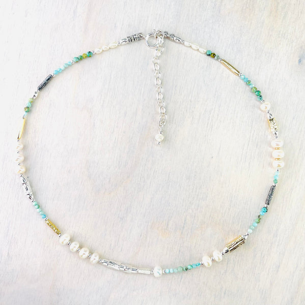 Seed Pearl, Mixed Turquoise Stones and Silver Bead Necklace by Emily Merrix.