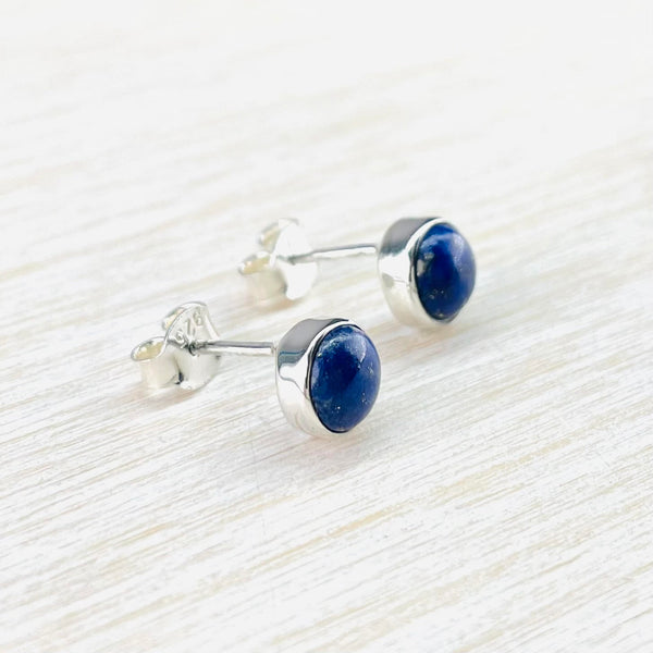 Round Lapis Lazuli and Silver Stud Earrings.