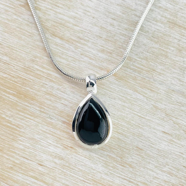 Simple Sterling Silver and Tear Drop Black Onyx Pendant.