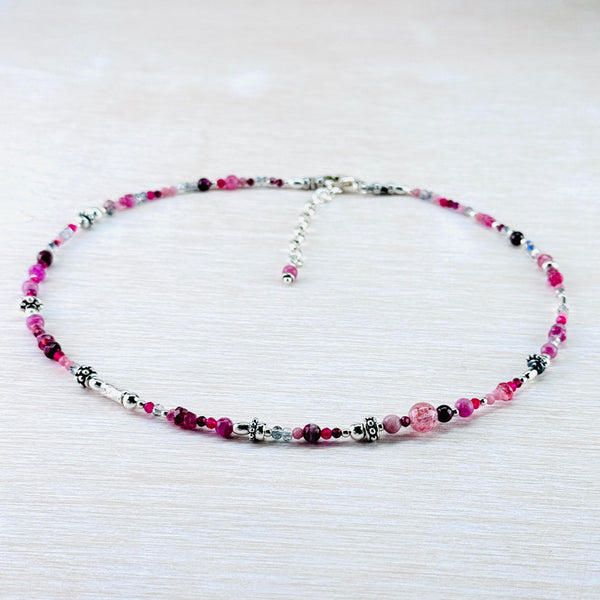 Asymetrical Ruby, Ruby Quartz, Pink Tourmaline, Garnet and  Sterling Silver Bead Necklace by Emily Merrix.