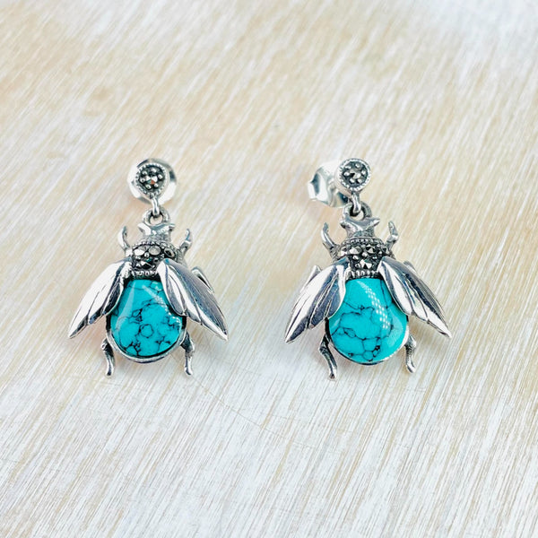 Silver, Marcasite and Turquoise Bee Drop Earrings.