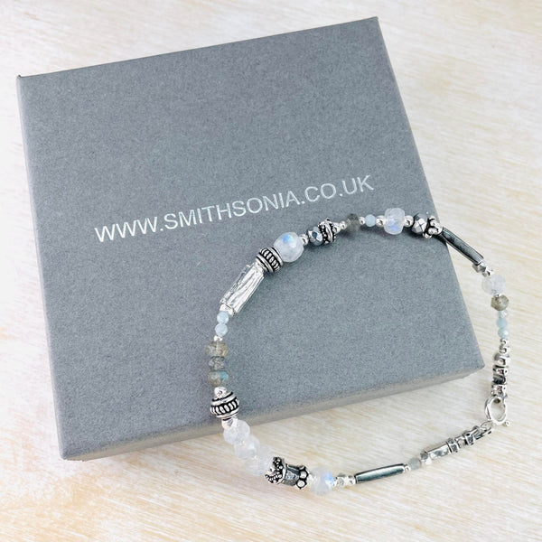 Rainbow Moonstone, Labradorite and Sterling Silver Bead Bracelet by Emily Merrix.