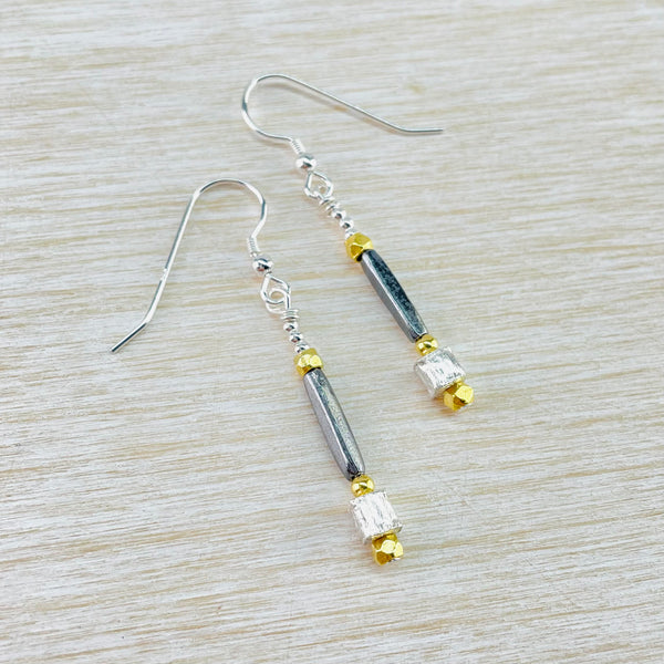 Three Coloured Sterling Silver and Gold Plated Bead Earrings by Emily Merrix.