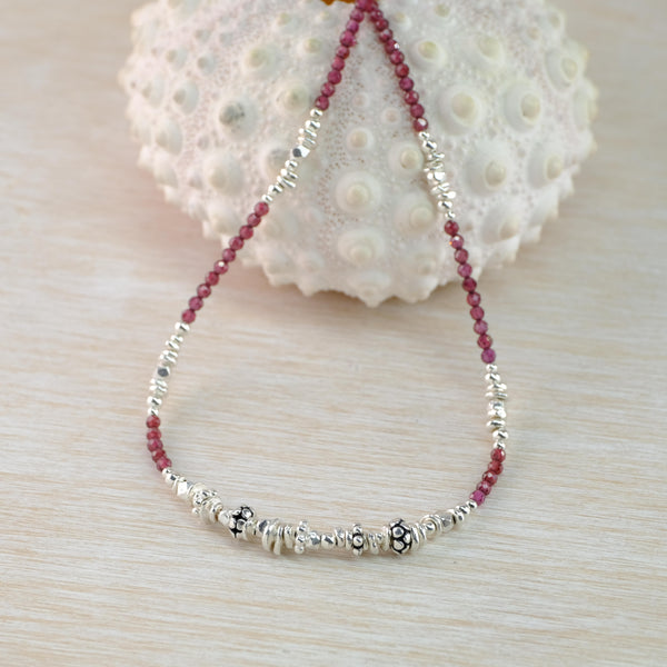 Delicate Garnet and Sterling Silver Bead Necklace by Emily Merrix.