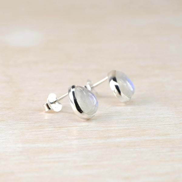 Tear Drop Rainbow Moonstone and Sterling Silver Stud Earrings.