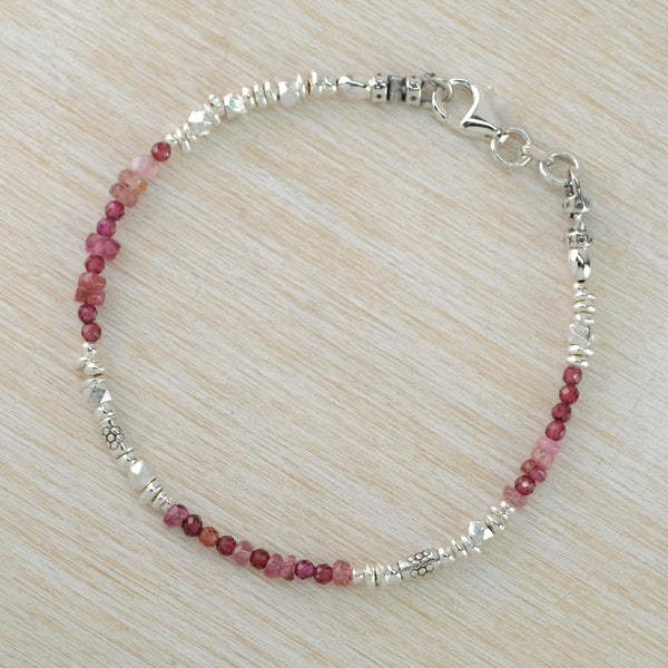 Pink Tourmaline, Garnet and Sterling Silver Bead Bracelet by Emily Merrix.