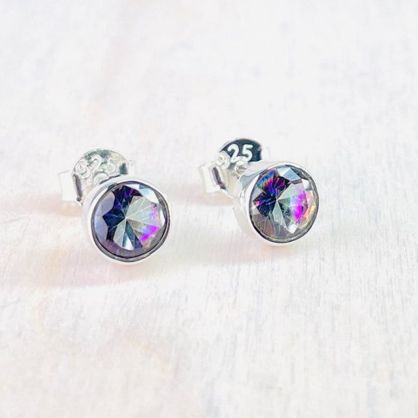 Round Sterling Silver and Mystic Topaz Stud Earrings.