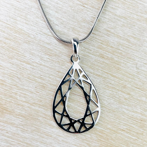 Criss Cross Tear Drop Sterling Silver Pendant.