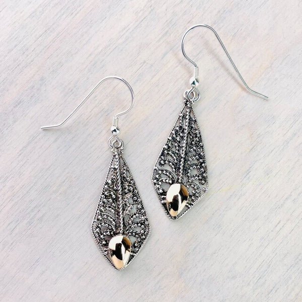 Long Filigree Silver and Gold Plated Drop earrings.