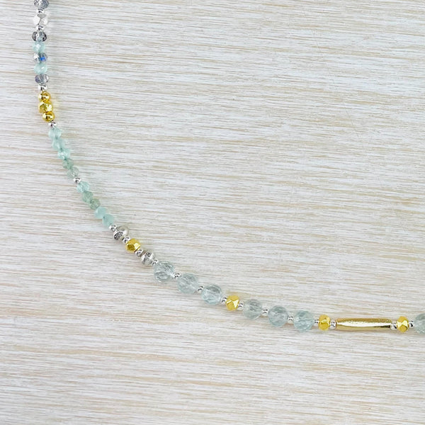 Faceted Aquamarine, Crystal, Silver and Gold Plated Bead Necklace by Emily Merrix.