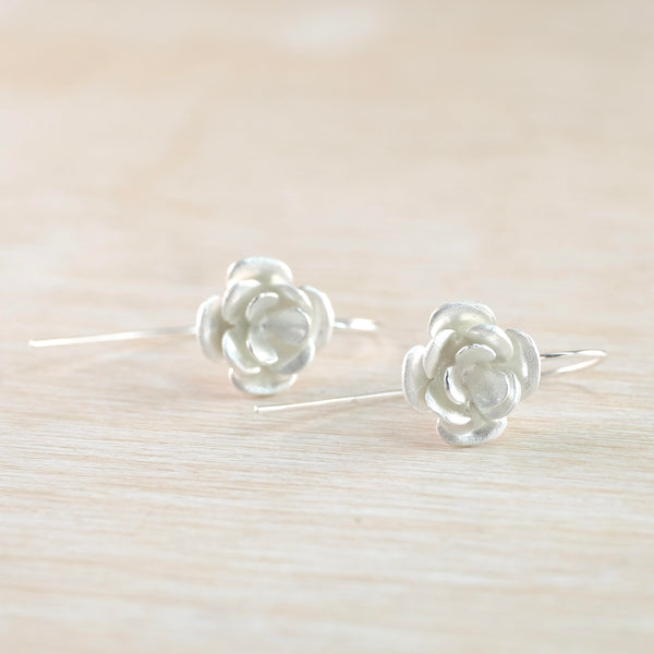 3 D Sterling Satin Silver Flower Drop Earrings