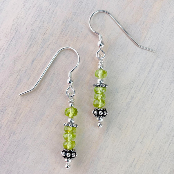 Decorative Silver and Peridot Bead Drop Earrings.