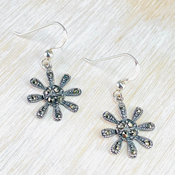 Marcasite and Sterling Silver Daisy Drop Earrings.