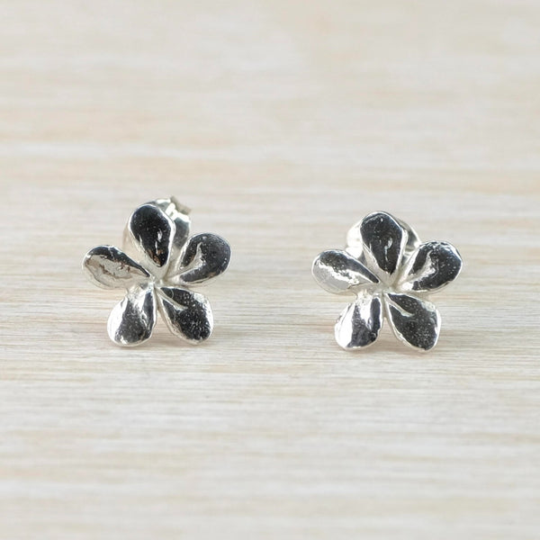 Silver earrings formed of 5 softly rounded petals, all the same size. There is gentle texturing on each petal to make them look life like.