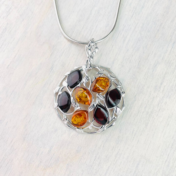 Sterling Silver, Cherry and Cognac Amber Pendant.