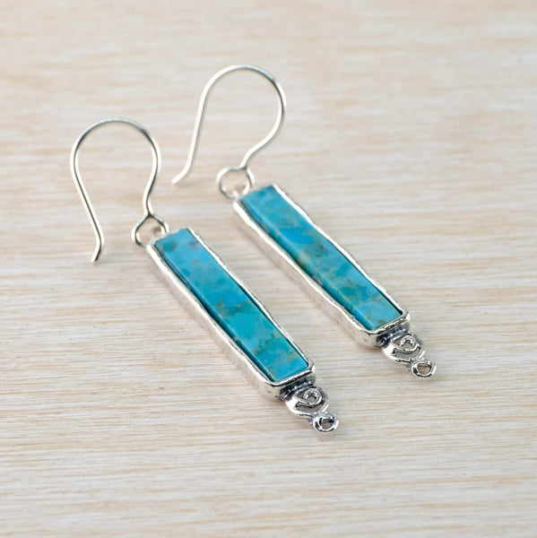 Long Slender Sterling Silver and Turquoise Drop Earrings.
