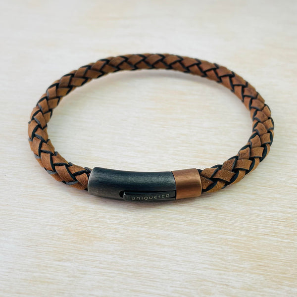 Gents Plaited Brown and Plated Gunmetal Bracelet.